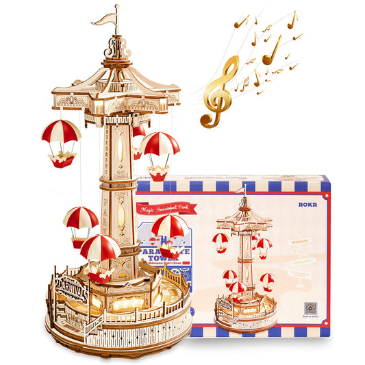 Parachute Tower DIY Music Box Building Block Amusement Park 3D Wooden Puzzle